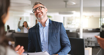 Buy stock photo Applause, praise and business man laugh for promotion, career success or thank you with document. Funny, celebration or clap for mature worker with achievement, pride or appreciation with office team