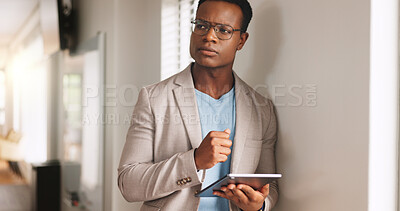 Buy stock photo Media agency, tablet and black man in office, thinking and copywriting with online reading. Person, decision and journalist with tech, magazine website and email for submission, choice or publication