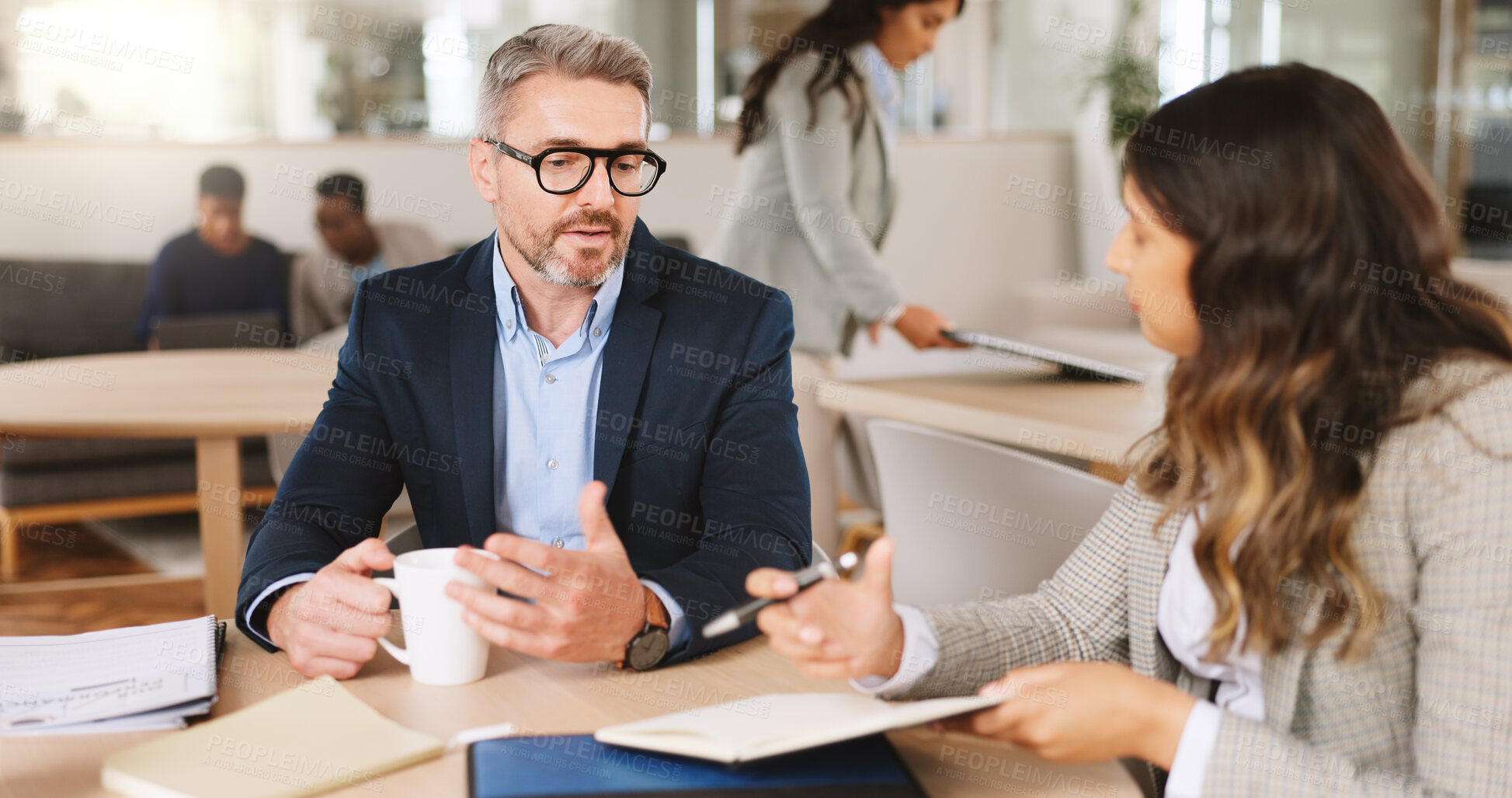 Buy stock photo Collaboration, documents and meeting with business people in lobby of coworking office for update. Conversation, feedback and paperwork with employee team in corporate workplace for contract review