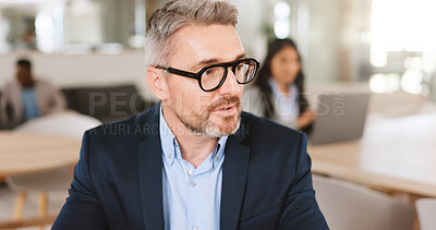Buy stock photo Business, man and talking for interview in office with discussion, job vacancy and recruitment. Mature person, coworking and question candidate for hiring process, hr chat and feedback for onboarding