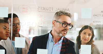 Buy stock photo Meeting, scrum and planning with business people in office for sale projection, teamwork and brainstorming. Sticky note, annual revenue and investment reminder with employees and glass wall in agency