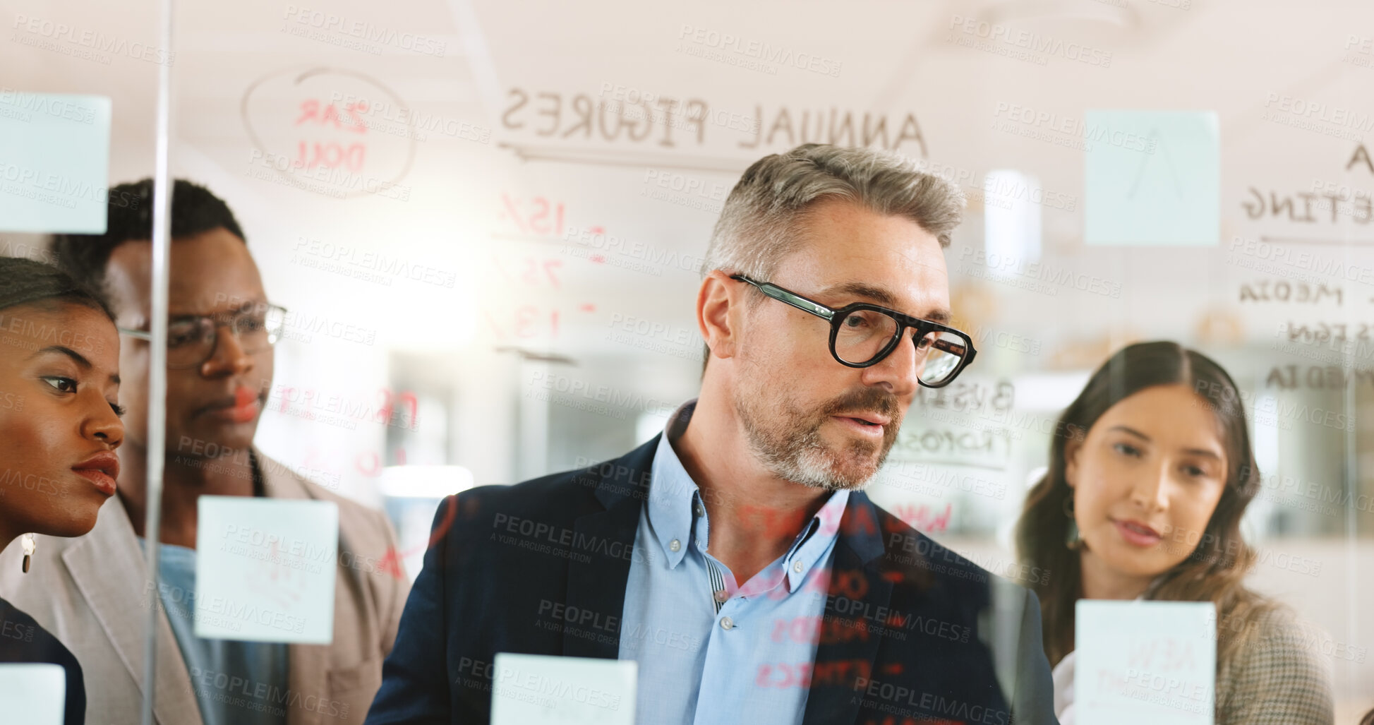 Buy stock photo Meeting, scrum and planning with business people in office for sale projection, teamwork and brainstorming. Sticky note, annual revenue and investment reminder with employees and glass wall in agency