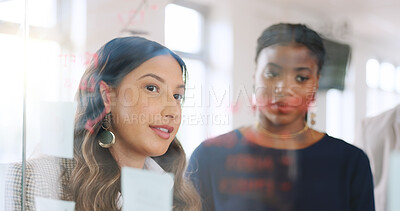 Buy stock photo Meeting, discussion and planning with business people at glass for brainstorming, teamwork and budget review. Investment timeline, sticky note and collaboration with employees in office project