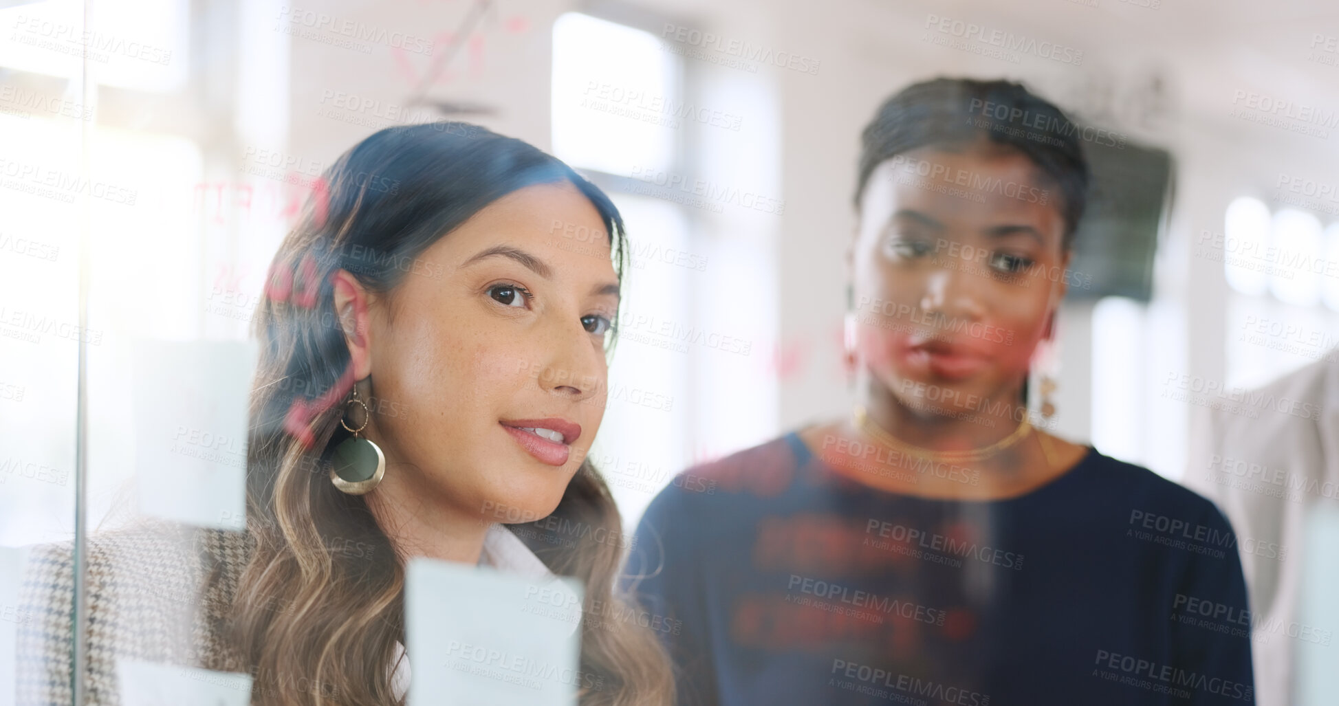 Buy stock photo Meeting, discussion and planning with business people at glass for brainstorming, teamwork and budget review. Investment timeline, sticky note and collaboration with employees in office project