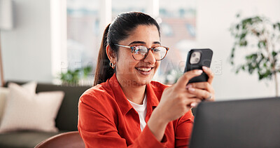 Buy stock photo Phone, reading and happy with woman in home office for social media manager, contact and freelancer. Remote worker, communication and branding entrepreneur with person in house for research and app