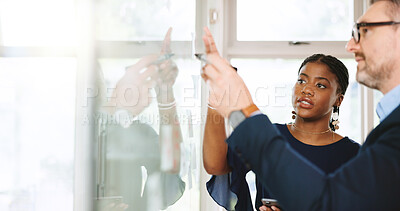 Buy stock photo People, teamwork and writing on board, strategy and colleagues with ideas for campaign and planning. Marketing manager, man and brainstorming with woman for brand awareness, talk and collaboration