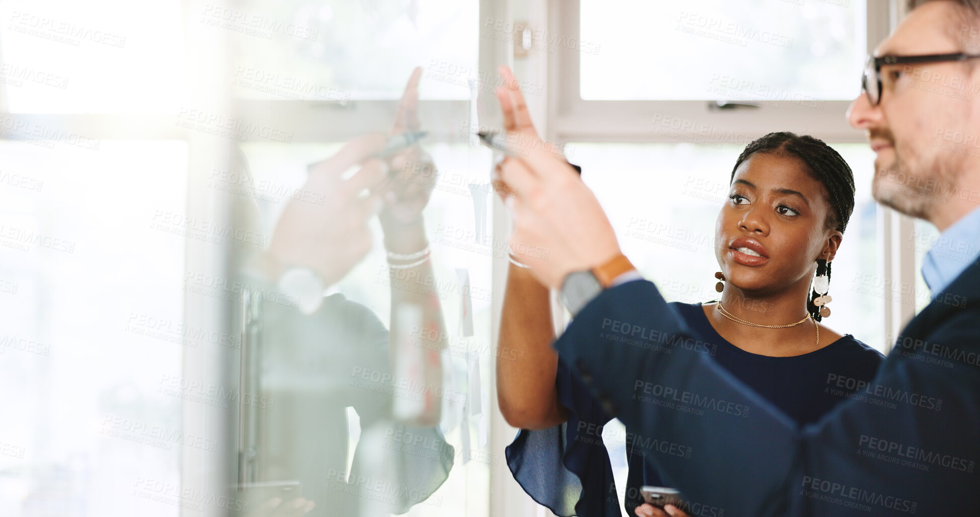 Buy stock photo People, teamwork and writing on board, strategy and colleagues with ideas for campaign and planning. Marketing manager, man and brainstorming with woman for brand awareness, talk and collaboration