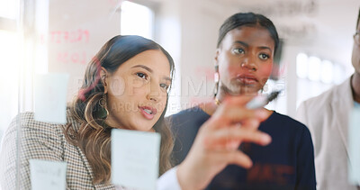 Buy stock photo People, glass and meeting in office for business, brainstorming and task delegation for productivity. Team, sticky notes and workshop in agency for project timeline, planning agenda and discussion