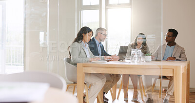 Buy stock photo Business, people and meeting with laptop in office for accounting, planning and finance report. Staff, manager and pc for online information, team feedback and budget review of investment opportunity