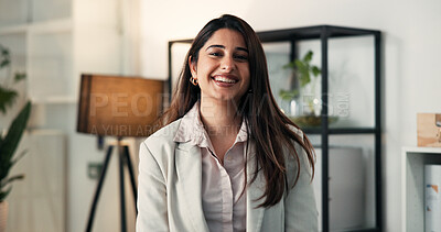 Buy stock photo Smile, portrait and business woman in office for about us, professional lawyer and confidence. Patent attorney, pride and legal advisor with person in law firm for litigation, policy and justice