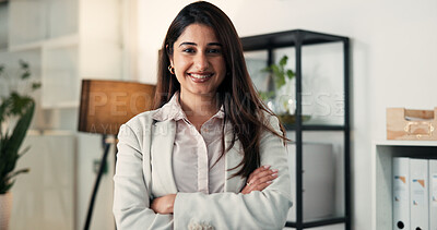 Buy stock photo Arms crossed, portrait and business woman in office for about us, professional lawyer and confidence. Patent attorney, pride and legal advisor with person in law firm for litigation and smile