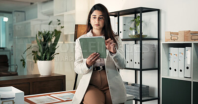 Buy stock photo Typing, tablet and business woman in office for patent application, license agreement and lawyer. Attorney, regulation research and legal advisor with person in law firm for protection policy