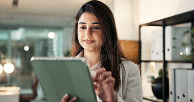 Buy stock photo Smile, tablet and business woman in office for patent application, license agreement and lawyer at night. Bokeh, regulation research and legal advisor with person in law firm for policy deadline