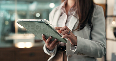 Buy stock photo Hands, tablet and business woman in office for patent application, license agreement and lawyer at night. Bokeh, regulation research and legal advisor with person in law firm for policy deadline