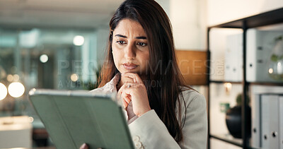 Buy stock photo Thinking, tablet and business woman in office for patent application, license agreement and reflection at night. Bokeh, regulation vision and legal advisor with person in law firm for policy deadline
