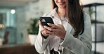 Office, woman and hands with smartphone, texting and communication with contact on break and online. Typing, message and person with mobile for digital chat, employee and networking on social media