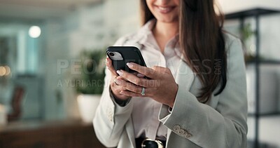 Buy stock photo Office, woman and hands with smartphone, texting and communication with contact on break and online. Typing, message and person with mobile for digital chat, employee and networking on social media