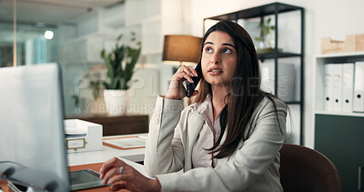 Buy stock photo Phone call, thinking and business woman in office for communication, negotiation and discussion. Financial advisor, consulting and person on technology for agency, networking or accounting with ideas