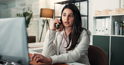 Buy stock photo Phone call, report and business woman in office for communication, negotiation and discussion. Financial advisor, consulting and person on technology for agency, networking or accounting with contact