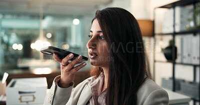 Buy stock photo Memo, phone and voice with business woman in office at night for contact, recording or reminder. App, mobile and note to self with Indian employee at work in evening for communication or update
