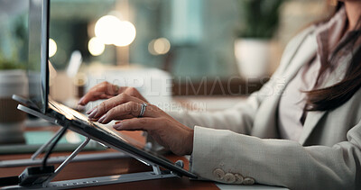 Buy stock photo Night, hands or typing with laptop in office, research market trends or editing investment proposal. Woman, account management or financial analyst with pc for late planning, bokeh and asset strategy