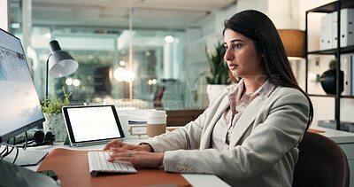 Buy stock photo Tablet screen, woman or typing with computer in office, research market trends or edit investment proposal. Review, client account or financial analyst with tech for planning, bokeh or asset strategy