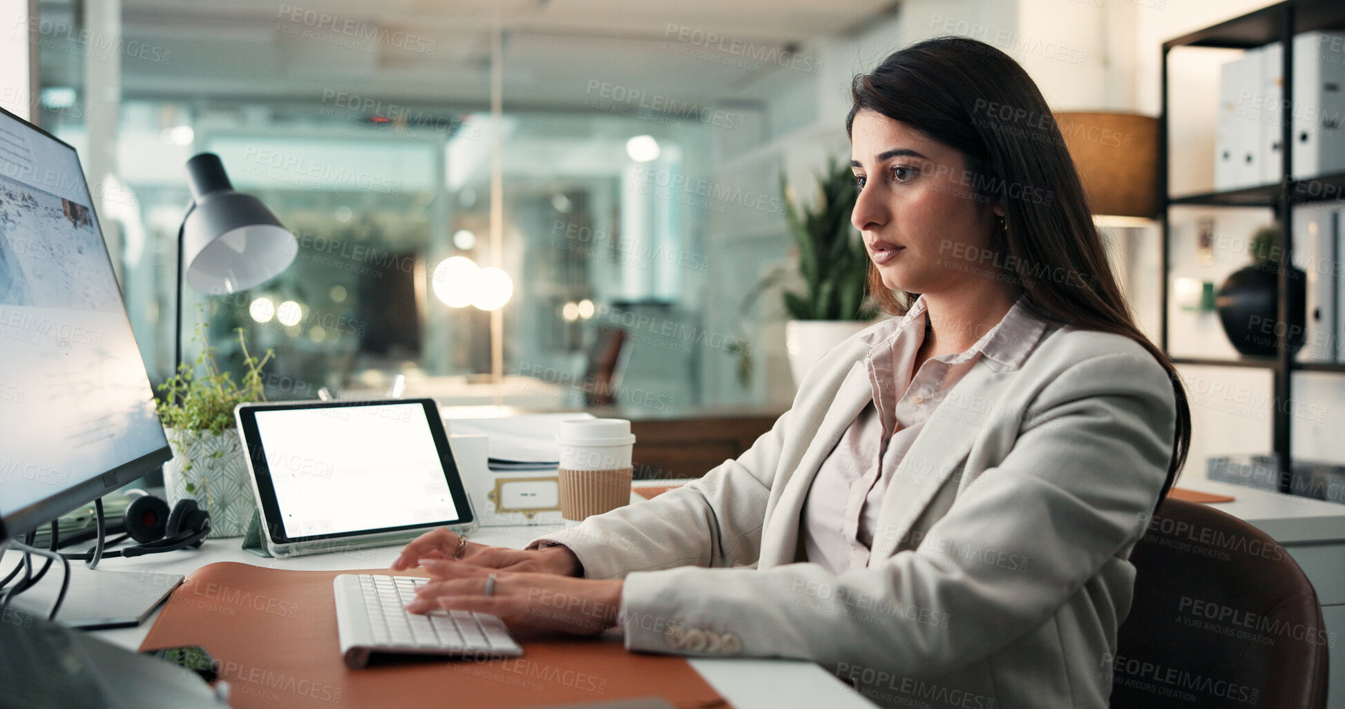 Buy stock photo Tablet screen, woman or typing with computer in office, research market trends or edit investment proposal. Review, client account or financial analyst with tech for planning, bokeh or asset strategy