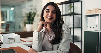 Buy stock photo Pride, portrait and business woman in office for about us, professional lawyer and confidence. Patent attorney, smile and legal advisor with person in law firm for litigation, policy and justice