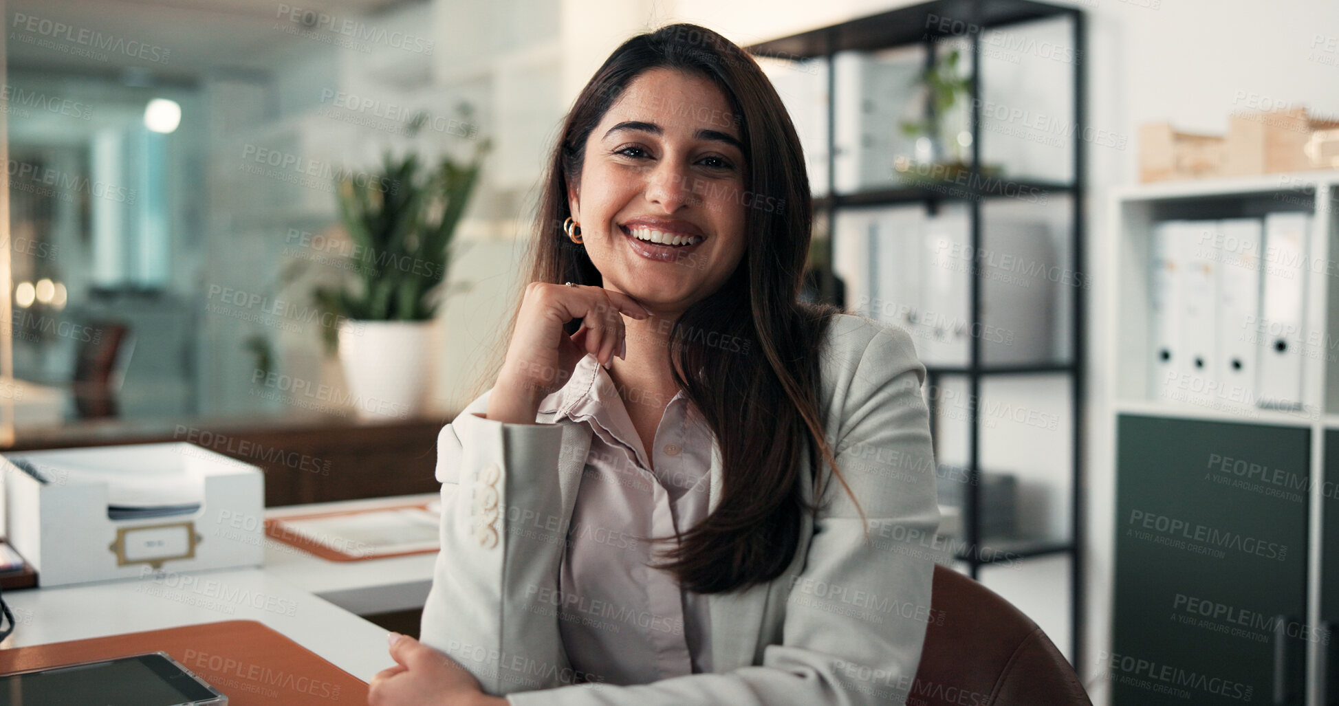 Buy stock photo Pride, portrait and business woman in office for about us, professional lawyer and confidence. Patent attorney, smile and legal advisor with person in law firm for litigation, policy and justice