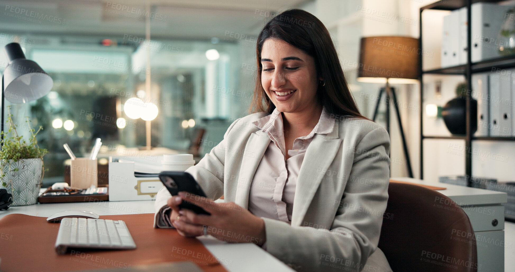 Buy stock photo Office, woman and employee with smartphone, texting and communication for wealth management and app. Happy, financial analyst and person with mobile for chat, online and message on social media