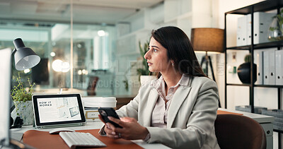 Buy stock photo Woman, smartphone and thinking at startup with networking, decision and computer for project at office. Person, phone or advisor with mobile app, pc screen or insight at business consulting agency