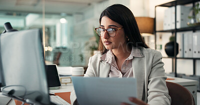 Buy stock photo Document, woman or reading with computer in business office, research market trend or investment proposal. Review, client account or finance analyst with pc for planning, portfolio or asset strategy
