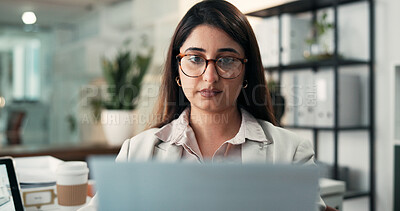 Buy stock photo Woman, laptop and glasses at office, review or online consulting for financial advice at company. Person, broker or advisor with pc, asset management and report for investment portfolio at agency