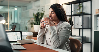 Buy stock photo Calm, drink or businesswoman in office with coffee cup, satisfied or reflection in morning routine. Smile, aroma or Indian employee in agency with mug, mood improvement or mindfulness at start of day