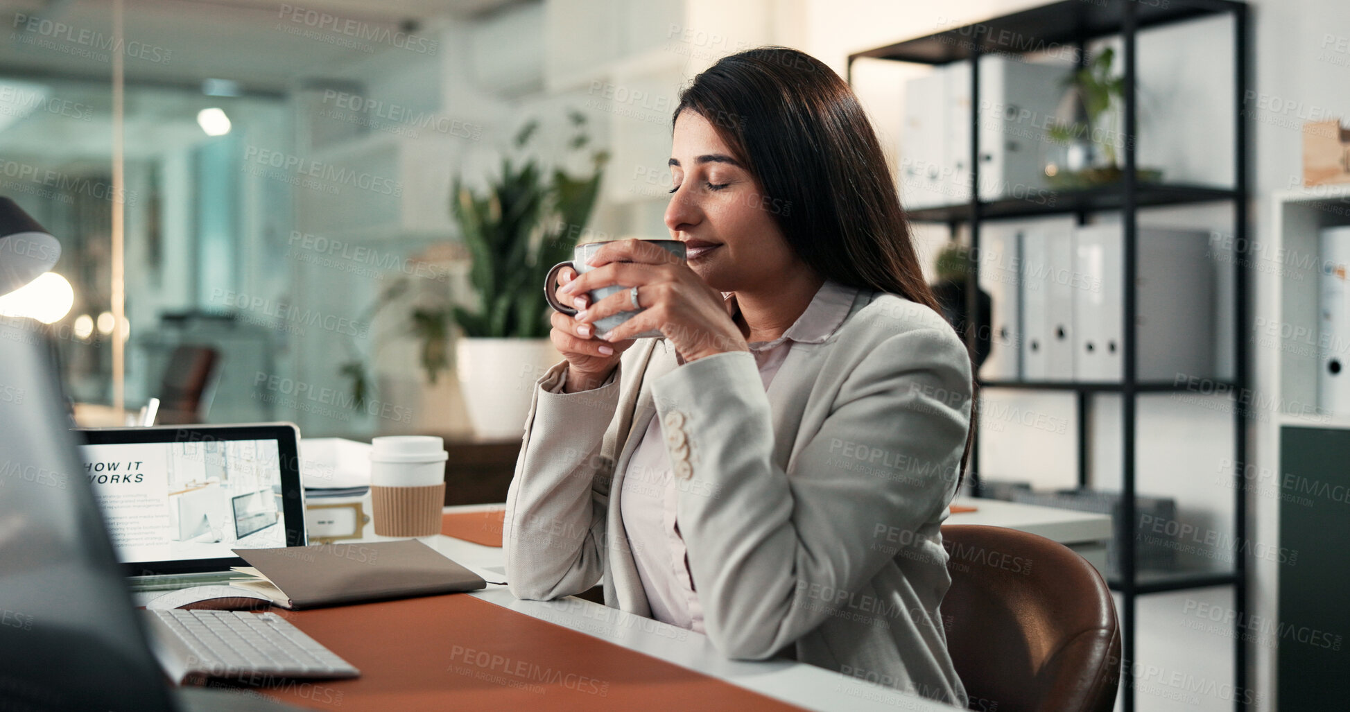 Buy stock photo Calm, drink or businesswoman in office with coffee cup, satisfied or reflection in morning routine. Smile, aroma or Indian employee in agency with mug, mood improvement or mindfulness at start of day