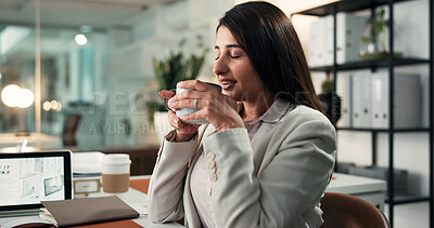Buy stock photo Relax, drink or businesswoman in office with coffee, satisfied or reflection in morning routine. Aroma, bokeh or Indian employee in agency with mug, mood improvement or mindfulness at start of day.