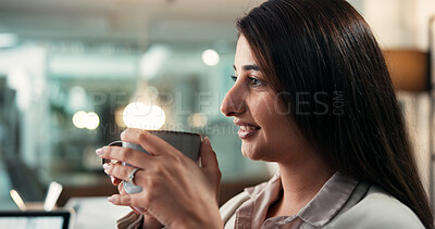 Buy stock photo Calm, bokeh or businesswoman in office with coffee cup, satisfied or reflection in morning routine. Aroma, drink or Indian employee in agency with mug, mood improvement or mindfulness at start of day