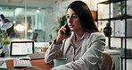 Phone call, typing and business woman in office for report error, negotiation and discussion. Financial advisor, consulting and person on tech for agency issue, networking or accounting with bokeh