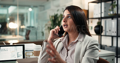 Buy stock photo Phone call, tech and business woman in office for report, negotiation and discussion. Financial advisor, consulting and person with tablet screen for agency, networking or accounting with bokeh