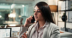 Phone call, tech and business woman for report, negotiation and discussion in office. Financial advisor, consulting and person with tablet screen for agency, networking or accounting with bokeh