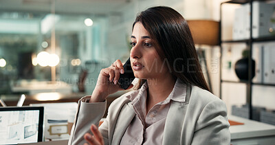 Buy stock photo Phone call, tech and business woman for report, negotiation and discussion in office. Financial advisor, consulting and person with tablet screen for agency, networking or accounting with bokeh