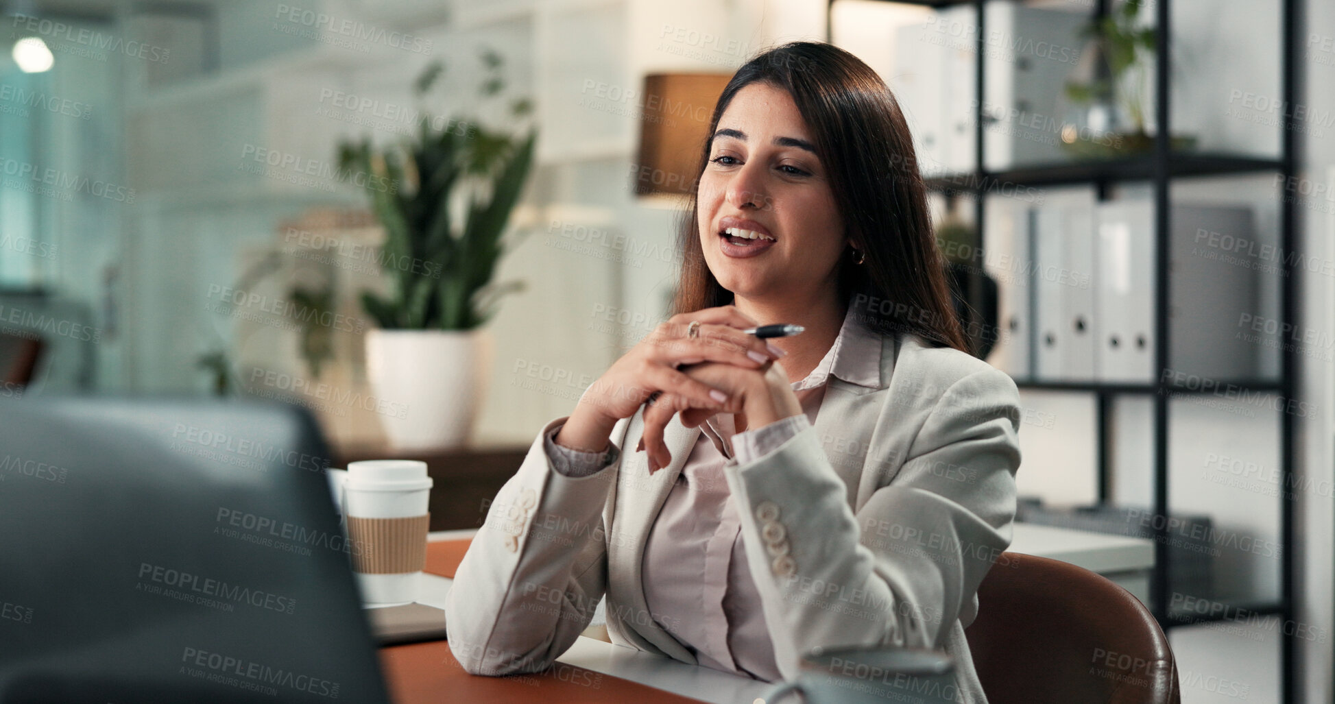 Buy stock photo Woman, video call and talk with laptop at startup, smile and contact for virtual meeting at media company. Person, journalist and happy with computer, insight or online interview for story at office