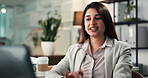 Video call, discussion or Indian woman in office with tech, advisory or feedback in client chat. Digital, network or consultant in agency with laptop, online meeting or report update for stakeholder.