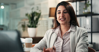 Buy stock photo Video call, discussion or Indian woman in office with tech, advisory or feedback in client chat. Digital, network or consultant in agency with laptop, online meeting or report update for stakeholder.