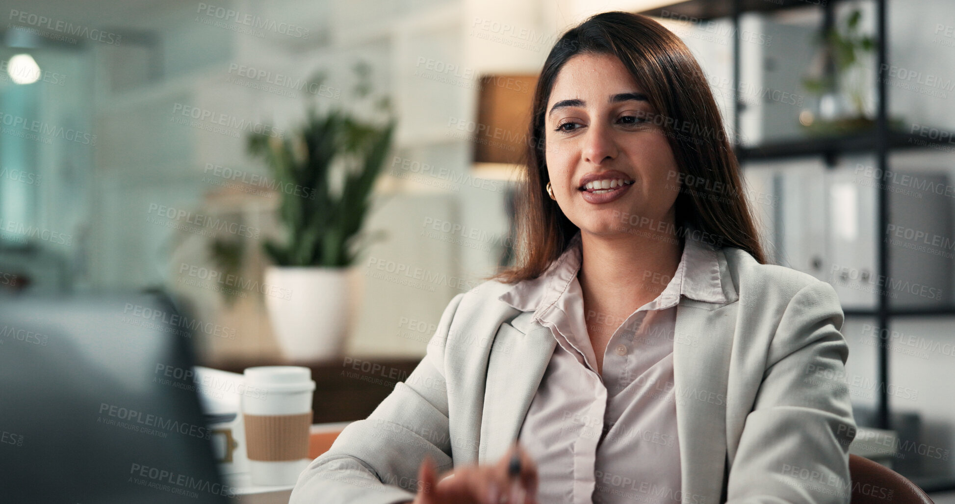 Buy stock photo Video call, discussion or Indian woman in office with tech, advisory or feedback in client chat. Digital, network or consultant in agency with laptop, online meeting or report update for stakeholder.