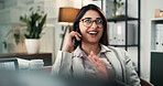 Phone call, smile and business woman in office for computer, negotiation and discussion. Financial advisor, consulting and person on technology for agency, networking or accounting with ideas
