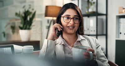 Buy stock photo Phone call, coffee and business woman in office for computer, negotiation and discussion. Financial advisor, consulting and person on technology for agency, networking or accounting with ideas