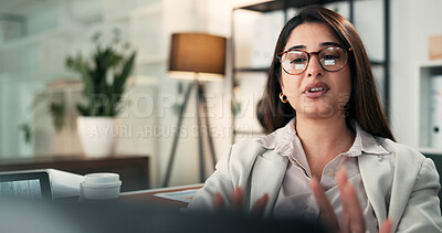 Buy stock photo Video call, glasses or Indian woman in office with tech, advisory or feedback in client chat. Digital, reflection or consultant in agency with laptop, online meeting or report update for stakeholder.