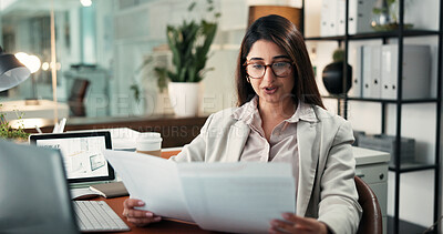 Buy stock photo Woman, documents and admin at startup, night or happy with review for company growth at office. Person, business consultant or agent with paperwork, feedback or smile for project management at agency