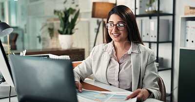 Buy stock photo Woman, documents and laptop with smile at startup, review and report with project management at office. Person, business consultant and advisor with computer, happy or glasses for paperwork at agency